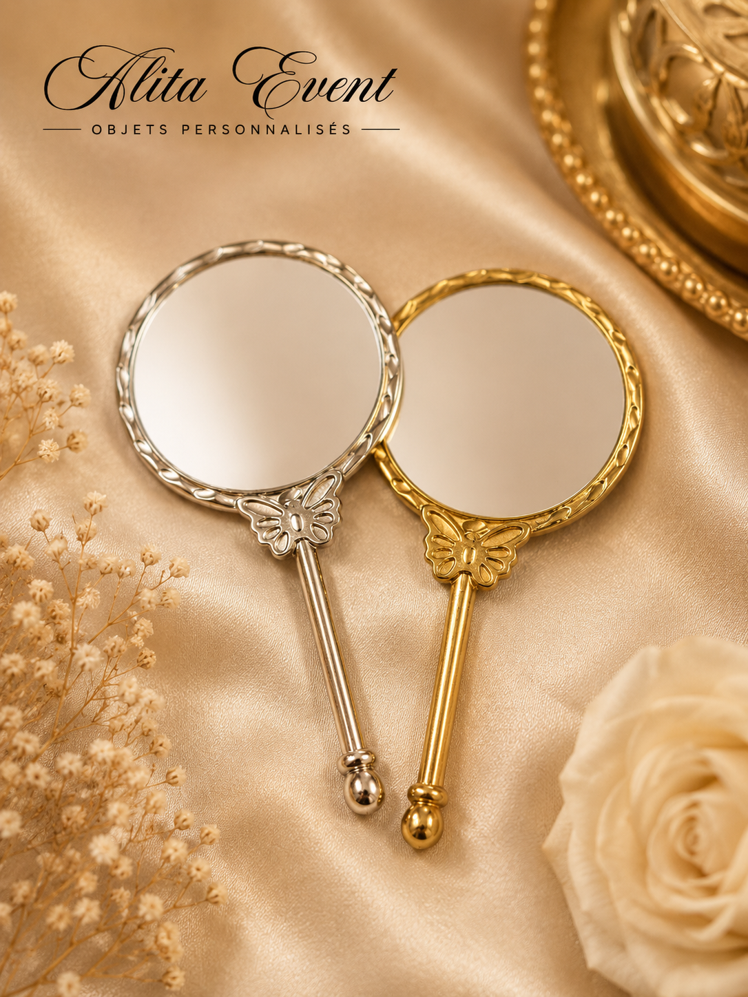Miroir de Poche Papillon – Doré ou Argenté Personnalisable
