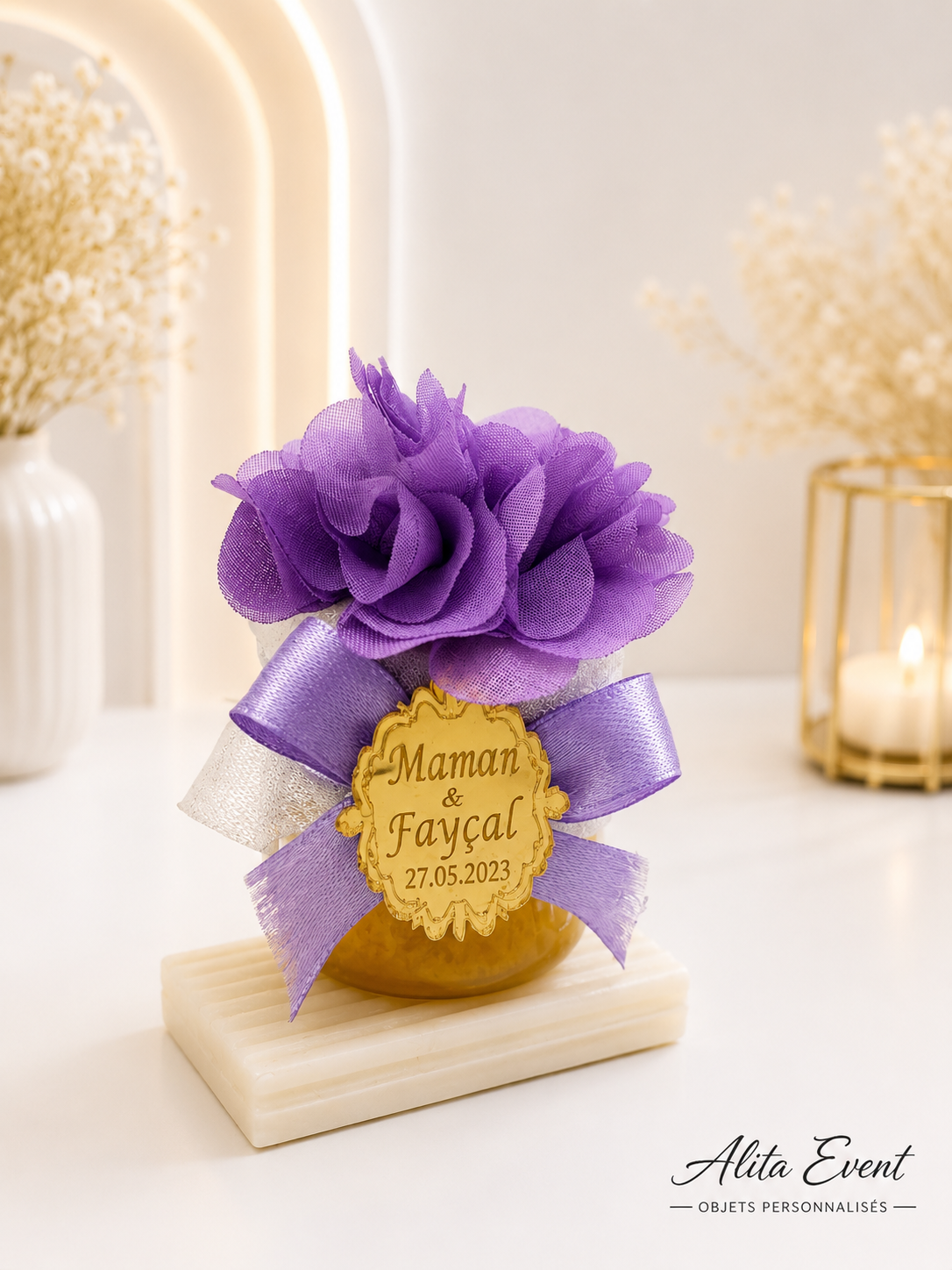 Pot de Miel Personnalisé avec Fleurs Violettes