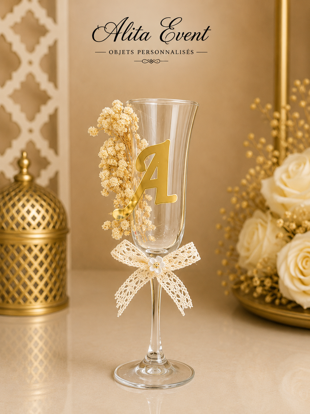 Verre personnalisé avec initiale dorée et fleurs séchées