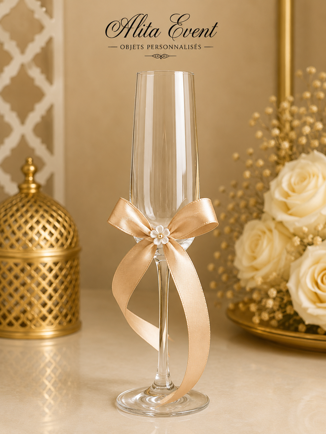 Verre personnalisé transparent avec ruban champagne