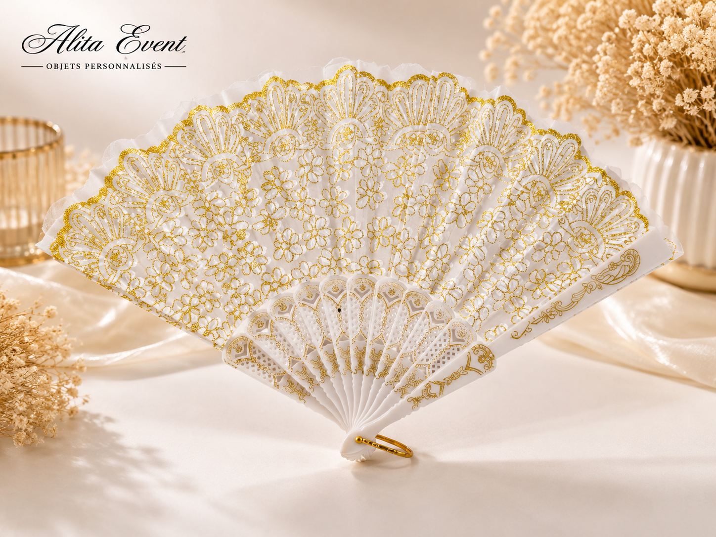 Éventail Dentelle Blanc et Or – Cadeau Invité Élégant