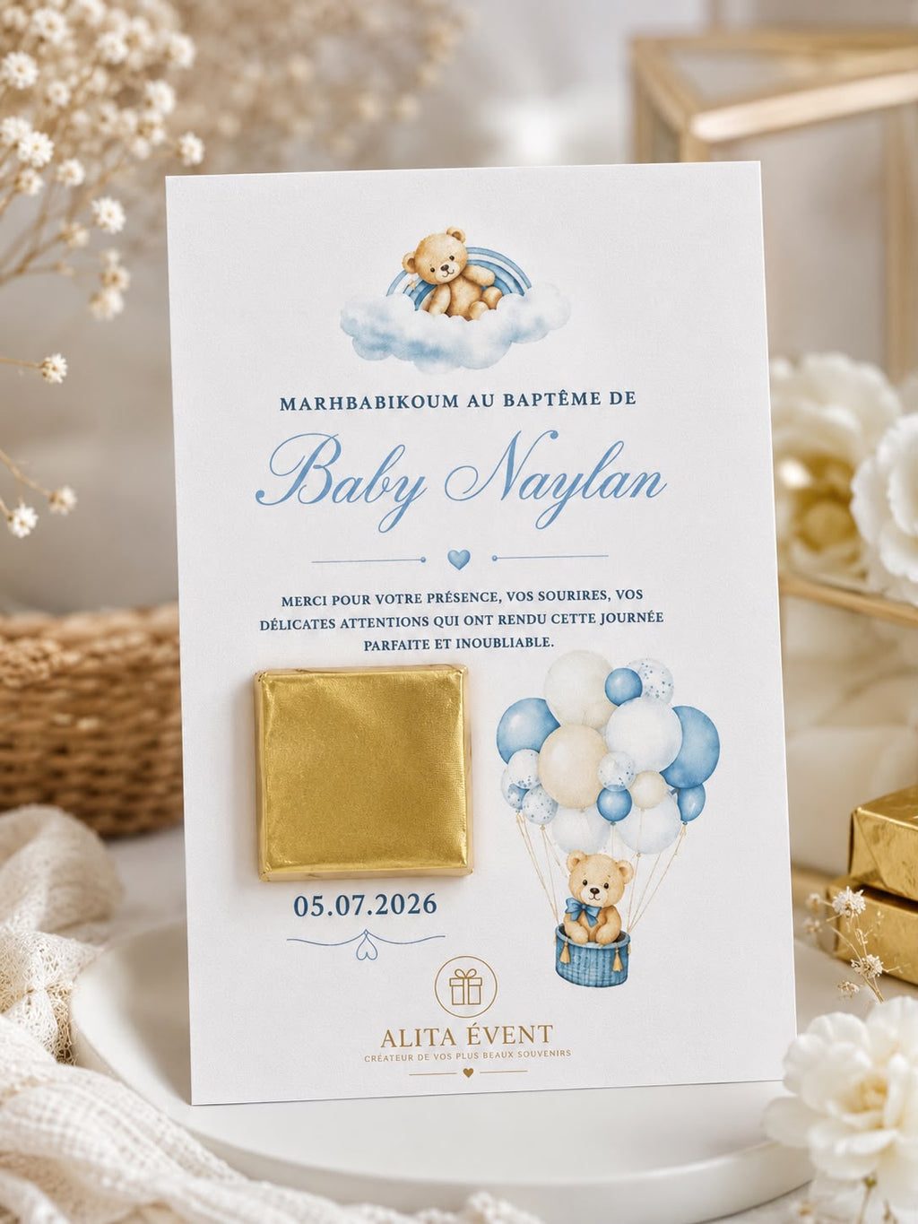 Carte Chocolat Personnalisée – Ourson & Ballons