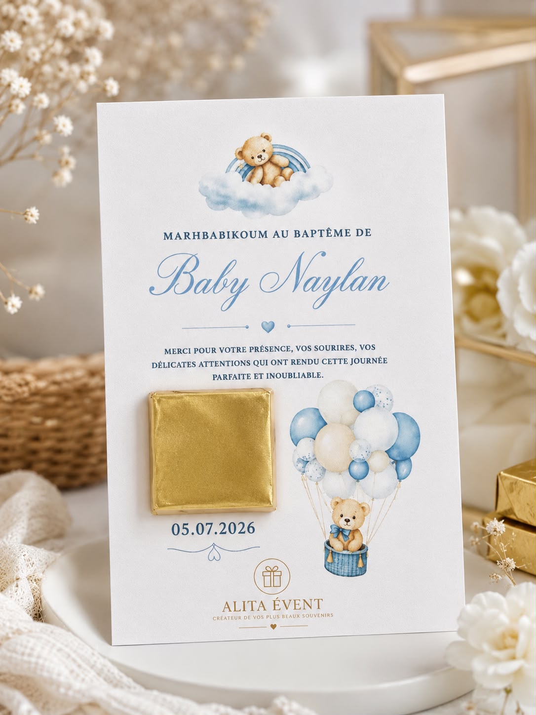 Carte Chocolat Personnalisée – Ourson & Ballons